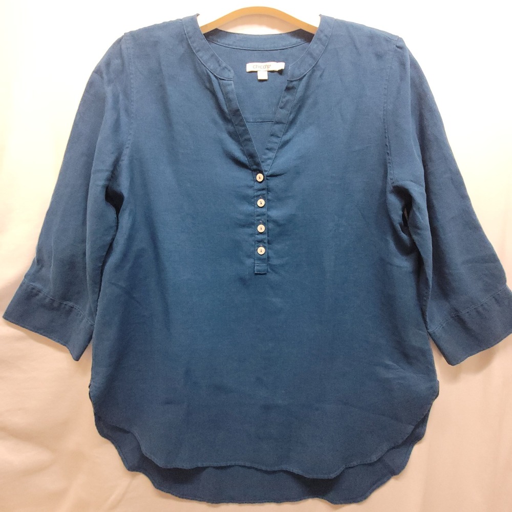 Chicos 100% Linen Tunic Blouse Teal Blue 3/4 Sleeve Split Neck Size 1 US 8